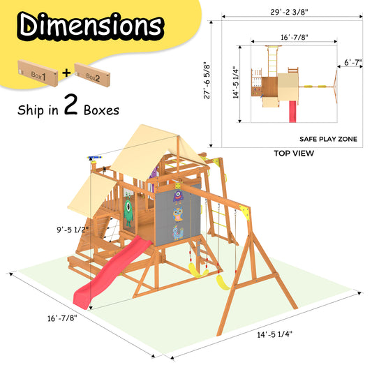 Wooden Swing Set for Backyard, Outdoor Playground Playset with Monkey Bars, Slide, Dual Swings, Rock Wall, Rope Ladder, Climbing Net, Covered Play Deck, Picnic Table for Kids Ages 3-10