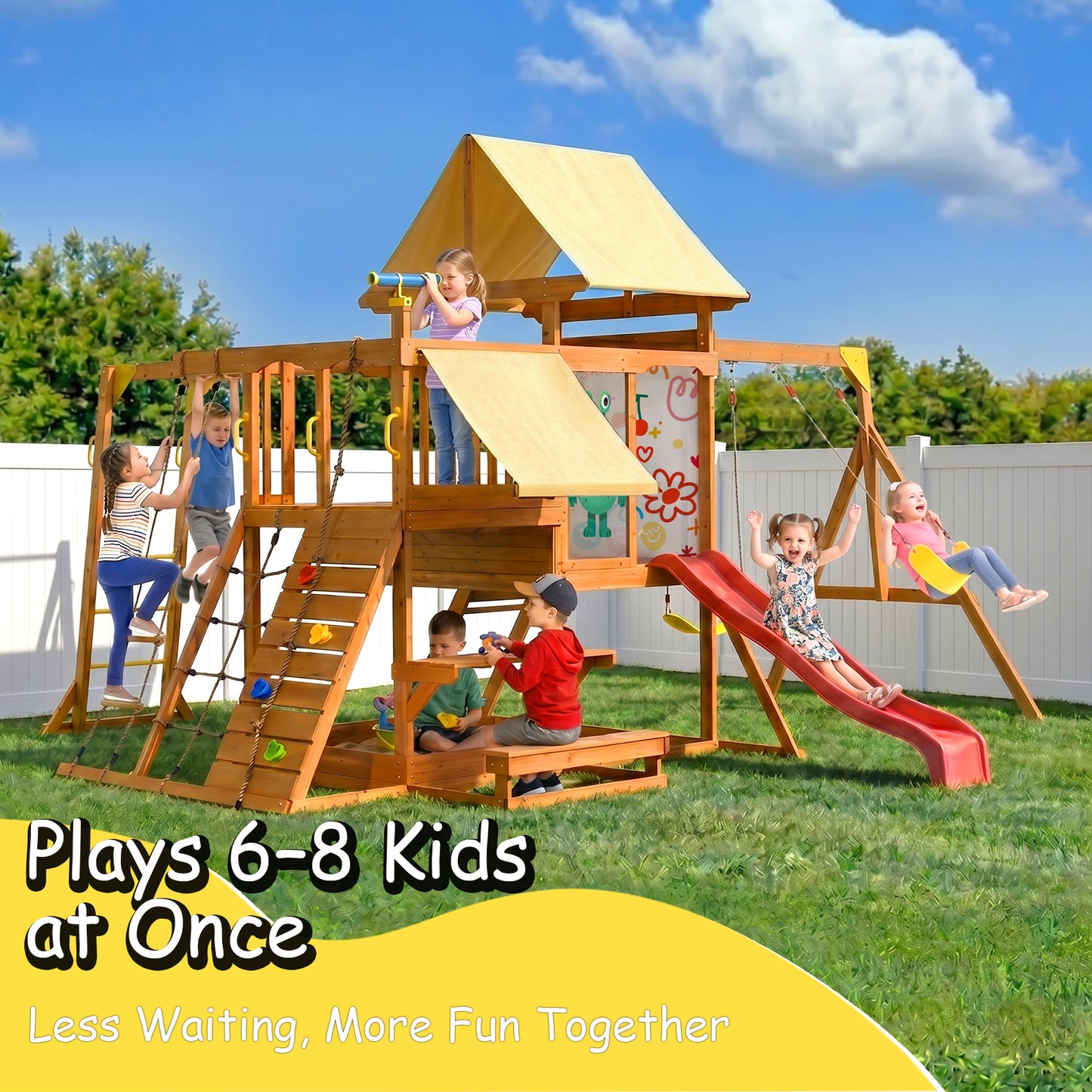 Wooden Swing Set for Backyard, Outdoor Playground Playset with Monkey Bars, Slide, Dual Swings, Rock Wall, Rope Ladder, Climbing Net, Covered Play Deck, Picnic Table for Kids Ages 3-10