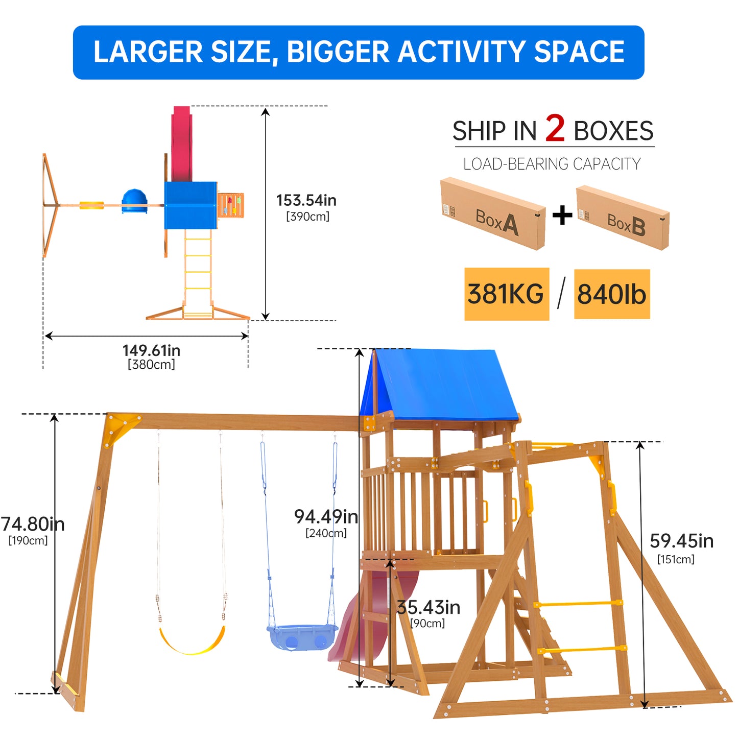 Suniboxi backyard playground set with slide featuring swings, climbing ladder, and blue canopy roof