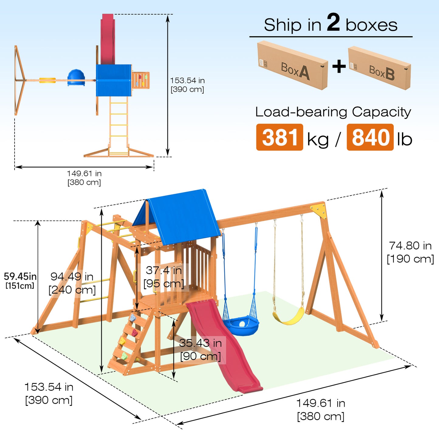 Suniboxi backyard playground set with slide featuring swings, climbing ladder, and canopy roof