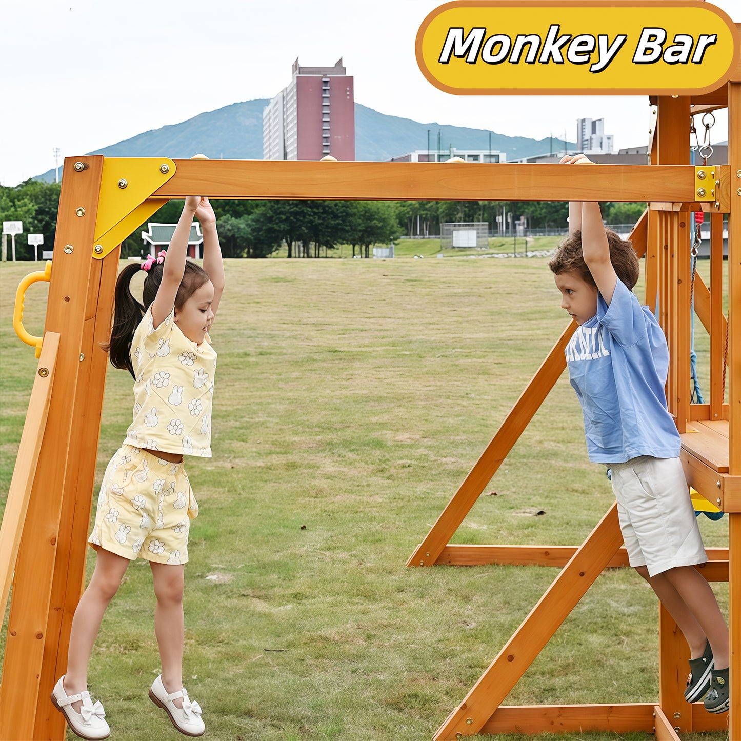 Kids playing on monkey bar of Suniboxi backyard playground set with slide on grassy field