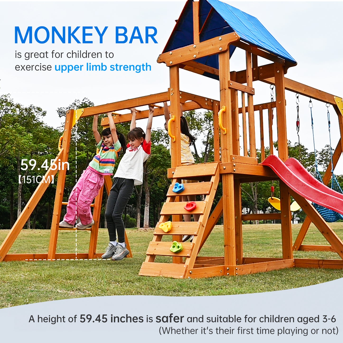 Suniboxi backyard playground set with slide featuring monkey bars and climbing wall for children