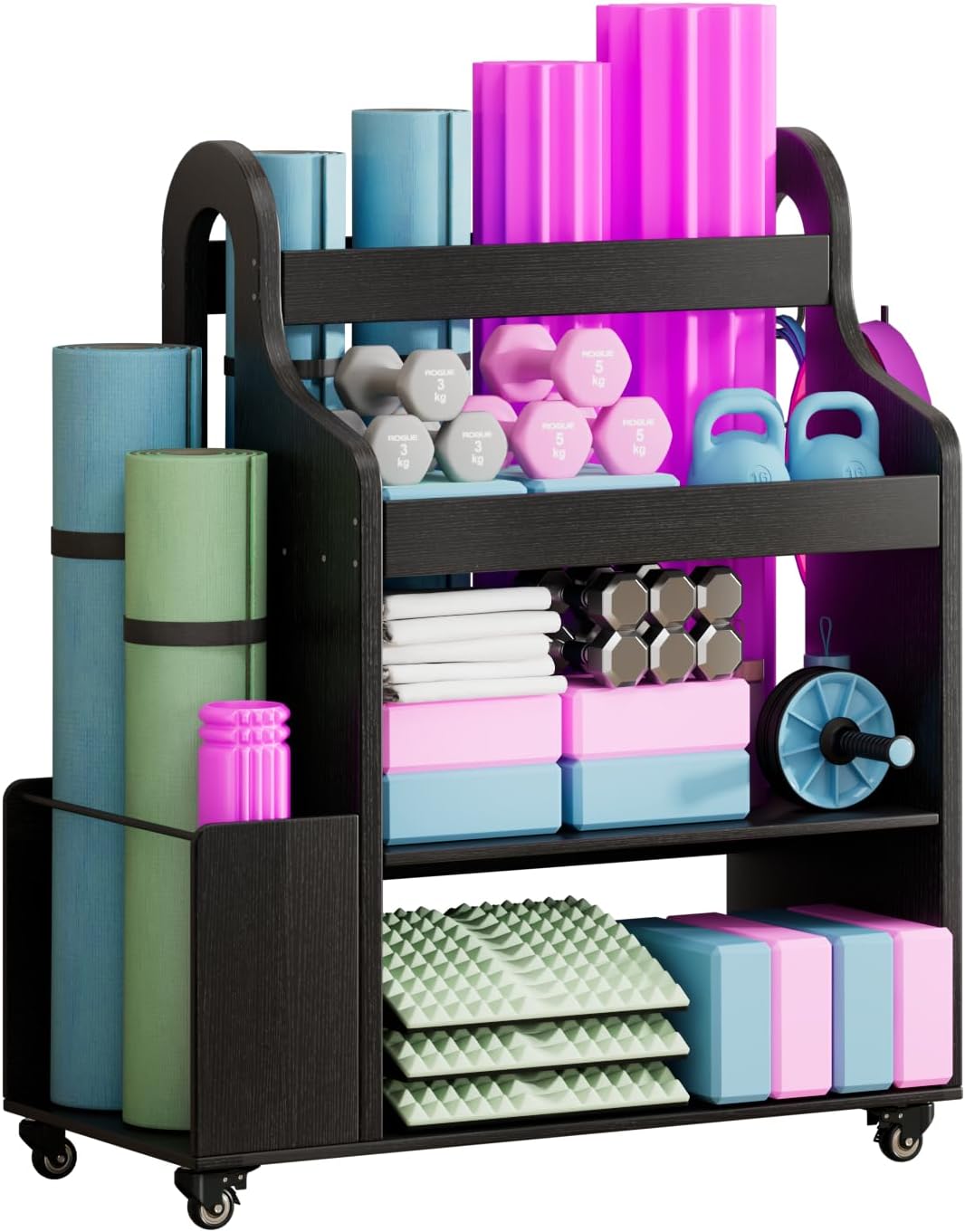 Black rolling cart for yoga mat and foam roller storage holding mats, rollers, weights, and blocks