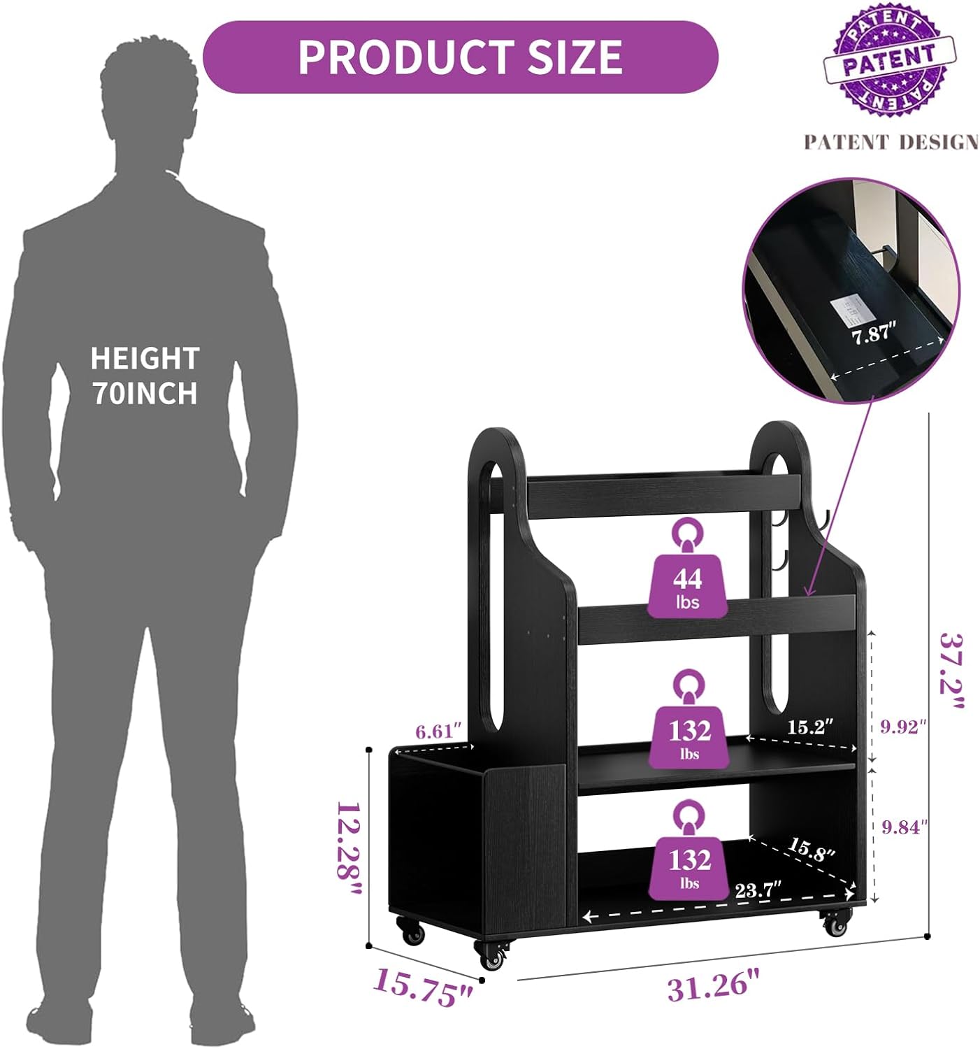 Suniboxi yoga mat and foam roller storage unit with wheels, multiple shelves, and black finish