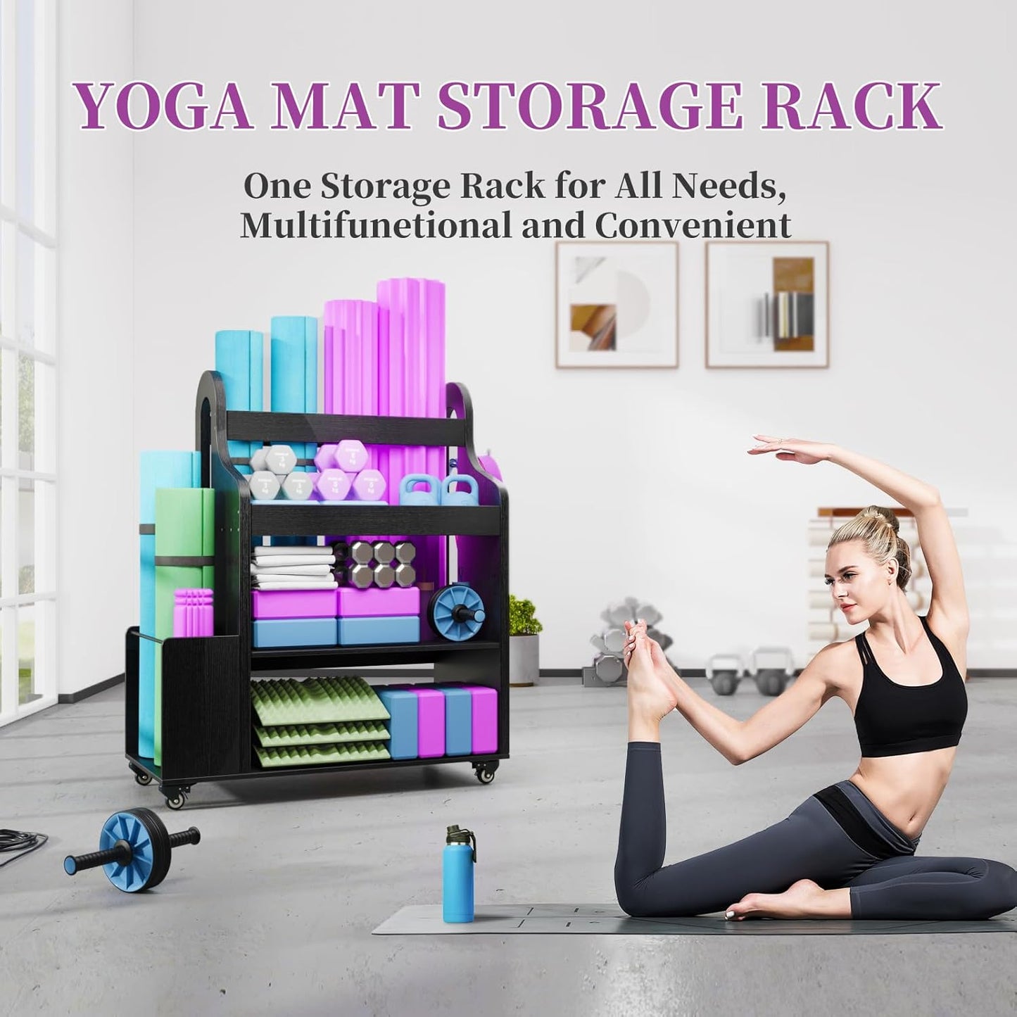 Suniboxi yoga mat and foam roller storage rack holding mats, rollers, blocks, and fitness accessories