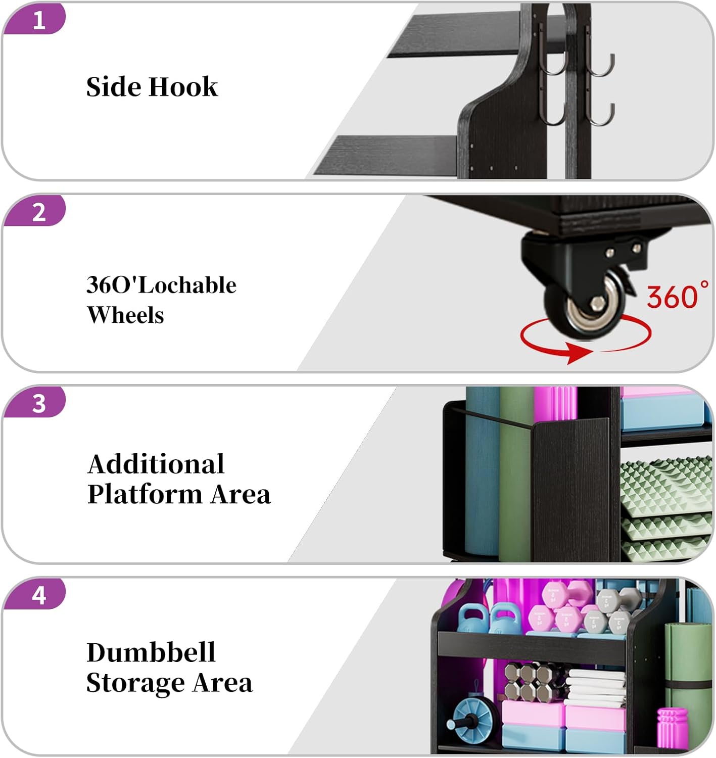 Suniboxi yoga mat and foam roller storage with side hooks, lockable 360-degree wheels, platform, and dumbbell storage