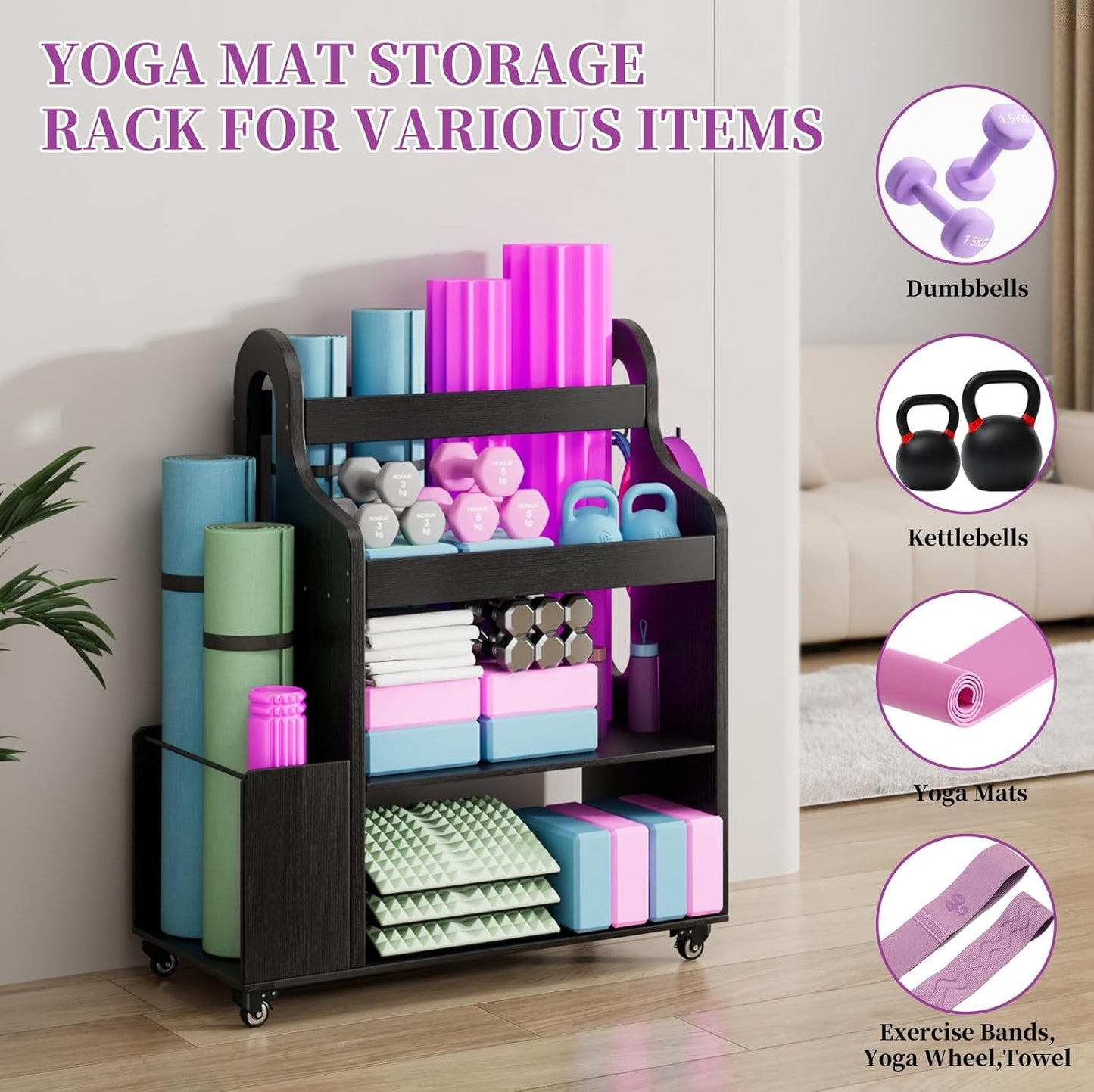 Yoga mat and foam roller storage rack on wheels holding yoga mats, dumbbells, kettlebells, exercise bands, and yoga blocks