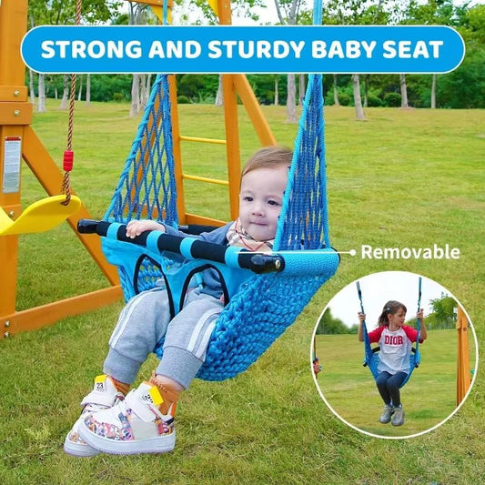 Baby sitting on a strong and sturdy blue seat on wooden swing sets for backyard by Suniboxi