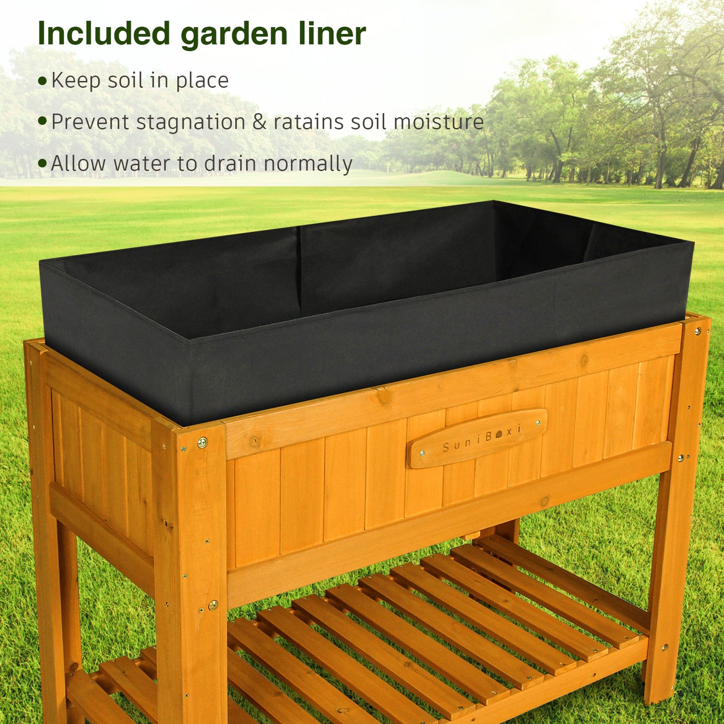 Suniboxi wooden planter box outdoor with included black garden liner for soil retention and drainage