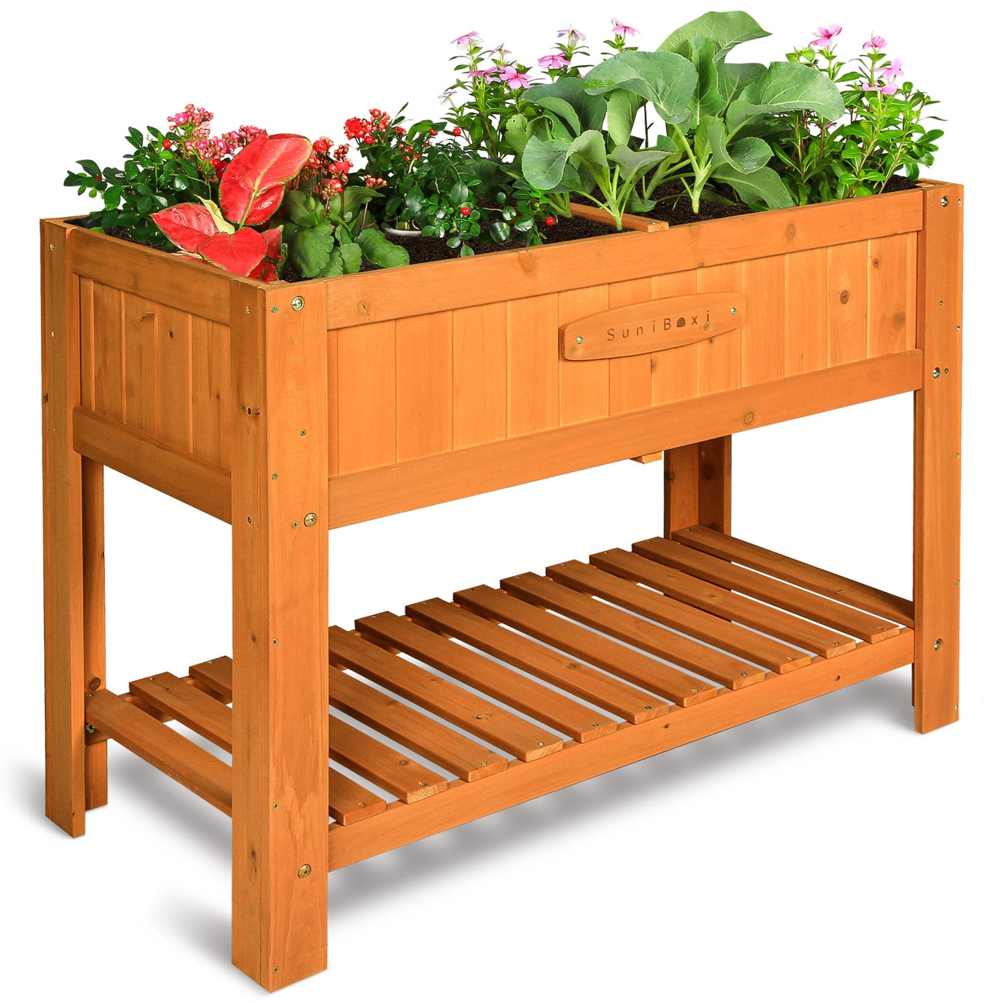 Suniboxi wooden planter box outdoor elevated garden bed with shelf filled with flowers and vegetables