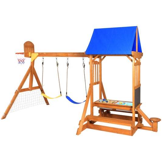 Suniboxi wooden swing set with blue canopy, two swings, basketball hoop, and play area