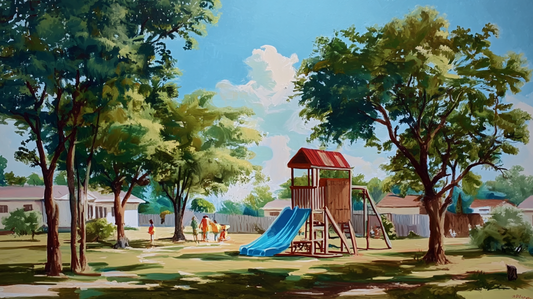 A backyard with outdoor play structures is often filled with the laughter of kids playing together.