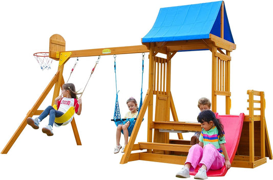 SuniBoxi Kids Swing Sets for Backyard, Wooden Playground Sets for backyards with a Wave Slide, Rock Climbing Wall, 2 Swings, and More,6-in-1 Outdoor Playset