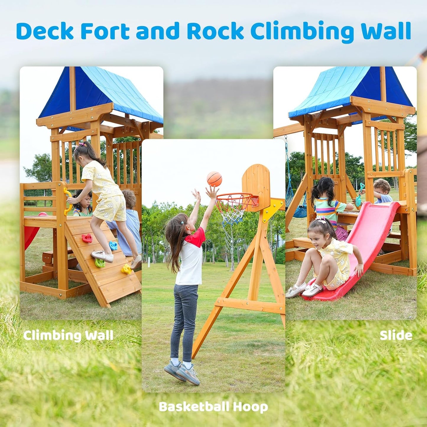 SuniBoxi Kids Swing Sets for Backyard, Wooden Playground Sets for backyards with a Wave Slide, Rock Climbing Wall, 2 Swings, and More,6-in-1 Outdoor Playset