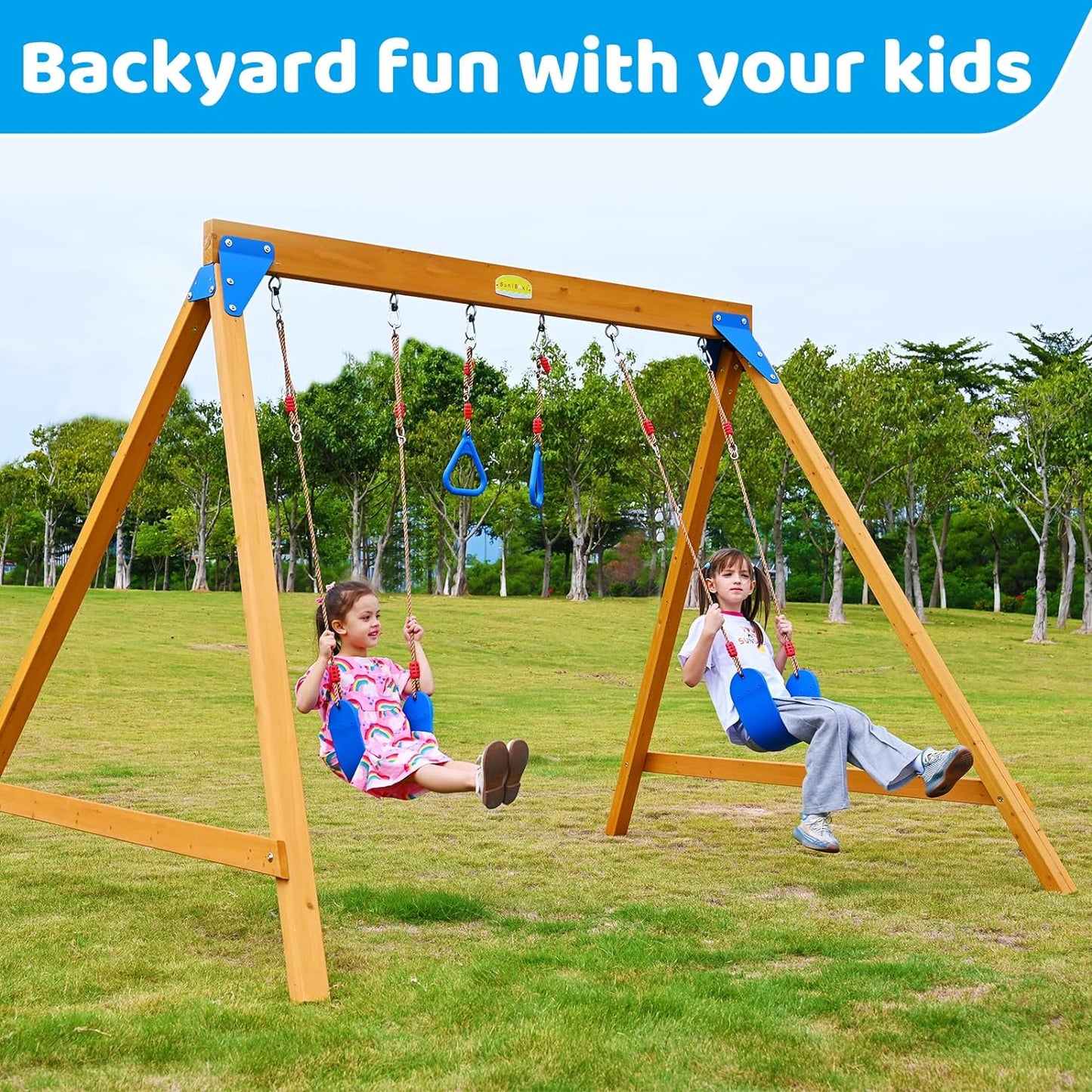 SuniBoxi Kids Swing Sets for Backyard, Wooden Playground Sets with 2 Swings, Trapeze Swing Rings, Outdoor Playset for Children Ages 2-10, and a Family DIY Kit for Any Swings