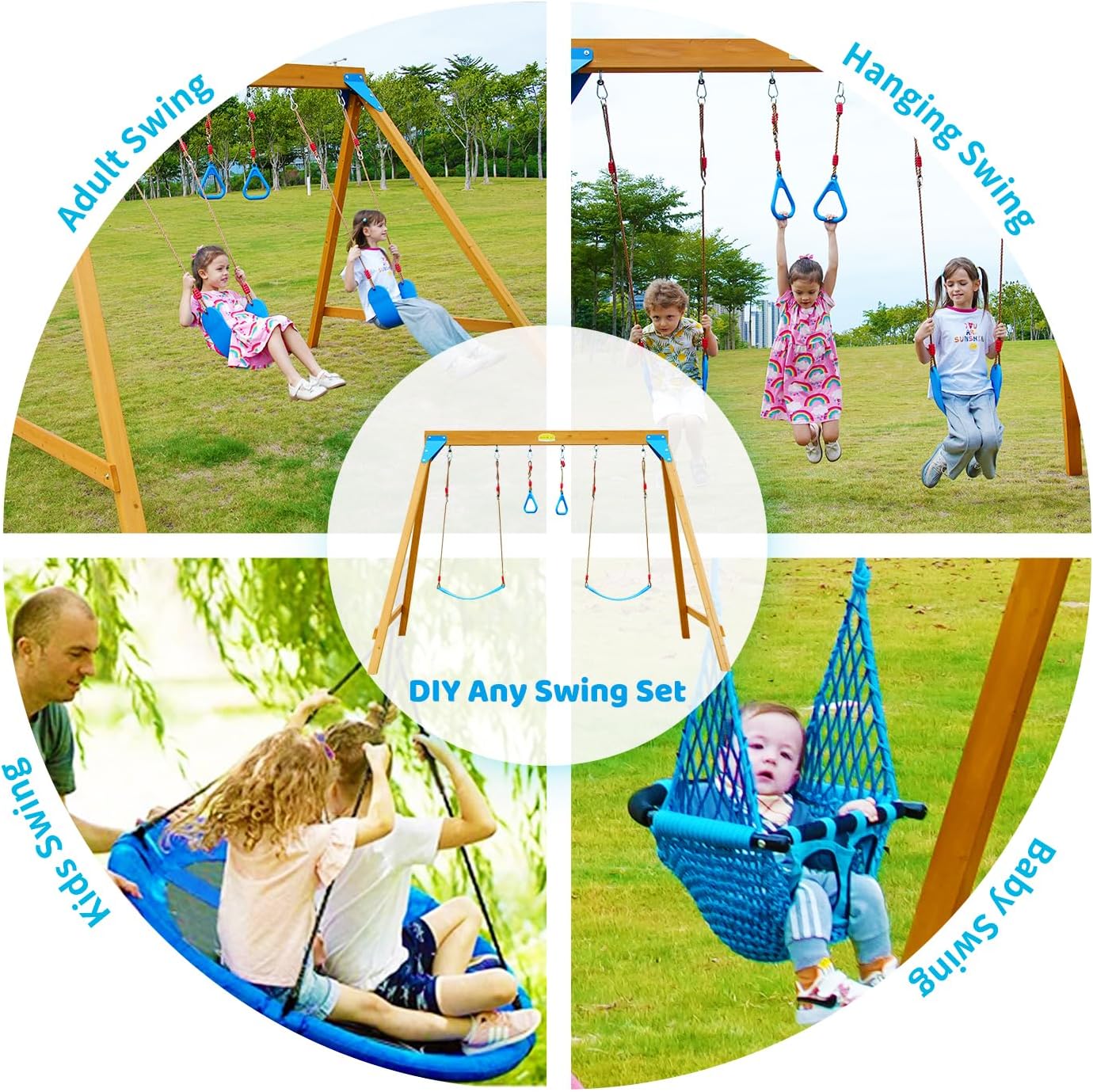 SuniBoxi Kids Swing Sets for Backyard, Wooden Playground Sets with 2 Swings, Trapeze Swing Rings, Outdoor Playset for Children Ages 2-10, and a Family DIY Kit for Any Swings