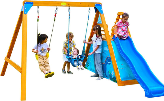 SuniBoxi Playground Swing Sets for Backyard for Kids, Wooden Playground Sets for Backyards with 2 Swings, a Big Wave Slide, Climbing Wall, Kids Outdoor Playset for Ages 2-10