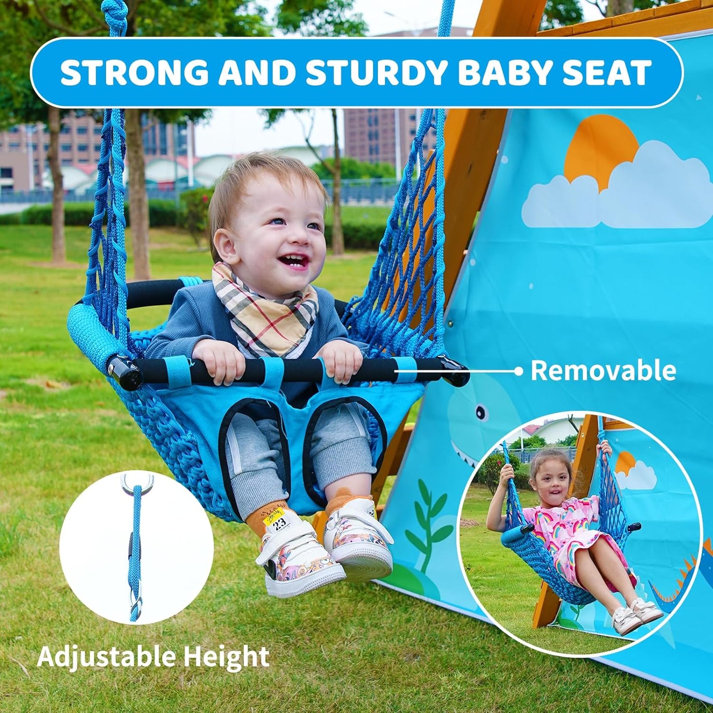 SuniBoxi Playground Swing Sets for Backyard for Kids, Wooden Playground Sets for Backyards with 2 Swings, a Big Wave Slide, Climbing Wall, Kids Outdoor Playset for Ages 2-10