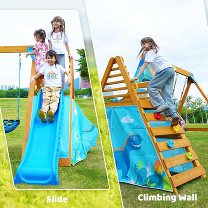 SuniBoxi Playground Swing Sets for Backyard for Kids, Wooden Playground Sets for Backyards with 2 Swings, a Big Wave Slide, Climbing Wall, Kids Outdoor Playset for Ages 2-10