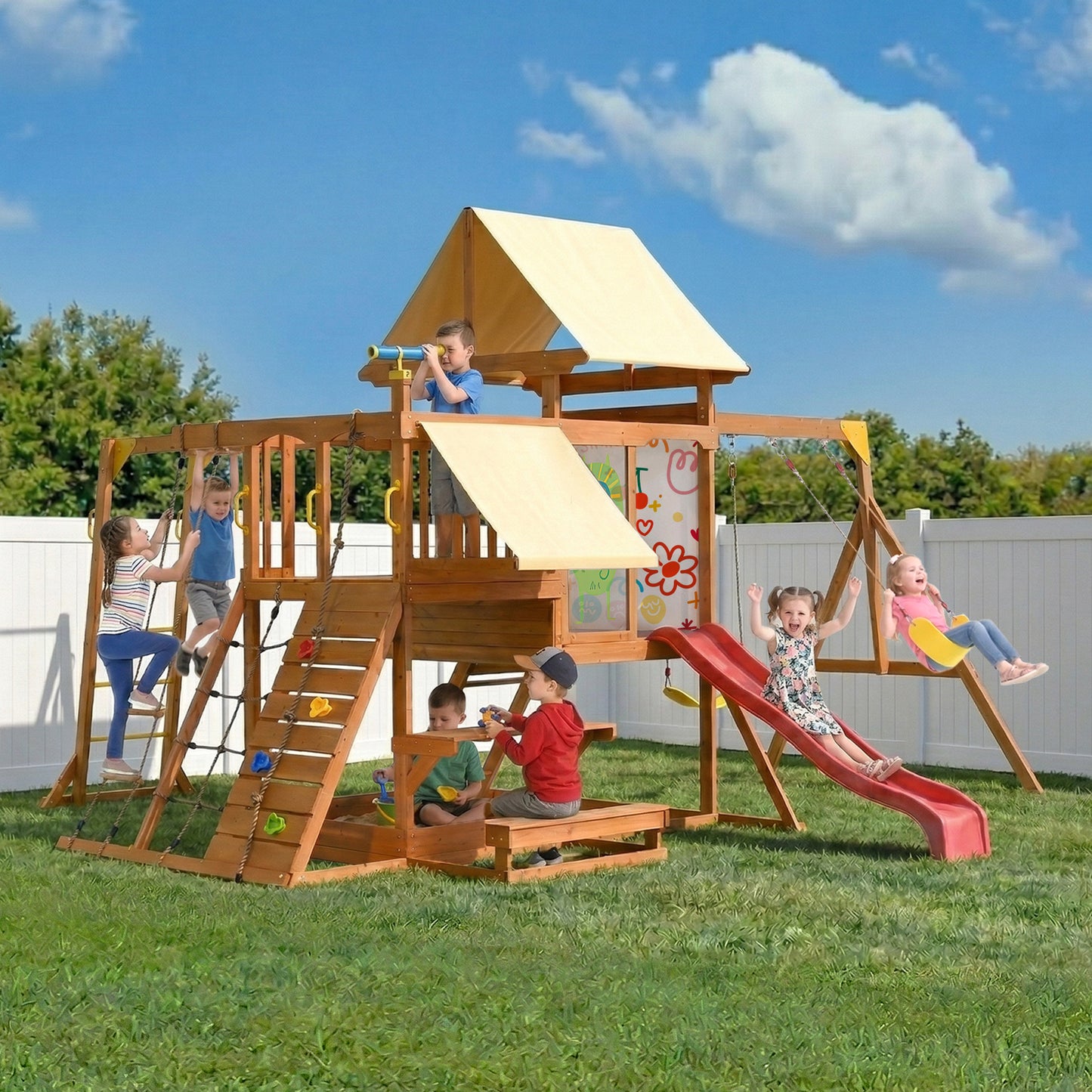 Wooden Swing Set for Backyard, Outdoor Playground Playset with Monkey Bars, Slide, Dual Swings, Rock Wall, Rope Ladder, Climbing Net, Covered Play Deck, Picnic Table for Kids Ages 3-10