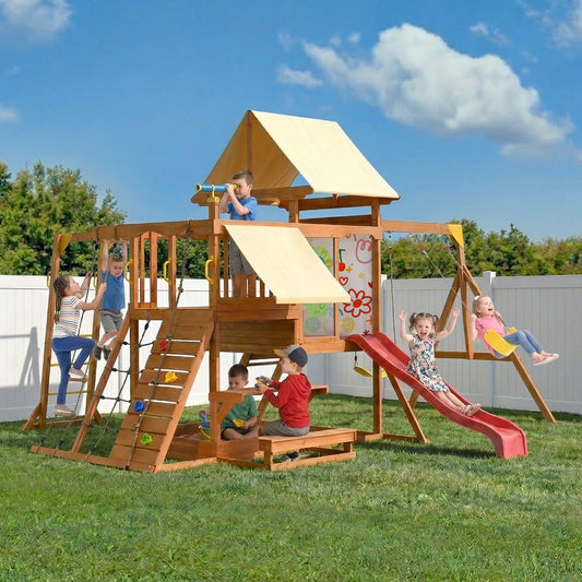 Wooden Swing Set for Backyard, Outdoor Playground Playset with Monkey Bars, Slide, Dual Swings, Rock Wall, Rope Ladder, Climbing Net, Covered Play Deck, Picnic Table for Kids Ages 3-10