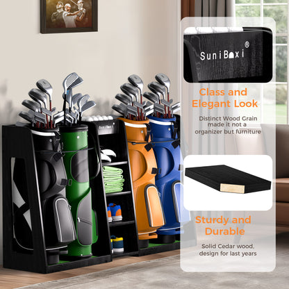 SuniBoxi Wooden Golf Bag Organizer for 4 Bags, Heavy-Duty Golf Bag Storage Rack for Garage, Indoor Spaces, Basements, and More,keeps golf bags,golf clubs, golf accessories organized