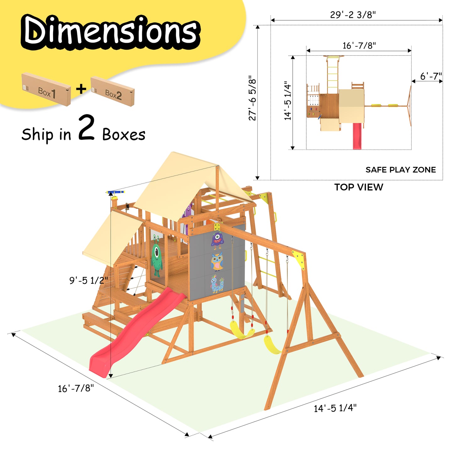 Wooden Swing Set for Backyard, Outdoor Playground Playset with Monkey Bars, Slide, Dual Swings, Rock Wall, Rope Ladder, Climbing Net, Covered Play Deck, Picnic Table for Kids Ages 3-10
