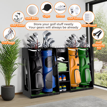 SuniBoxi Wooden Golf Bag Organizer for 4 Bags, Heavy-Duty Golf Bag Storage Rack for Garage, Indoor Spaces, Basements, and More,keeps golf bags,golf clubs, golf accessories organized