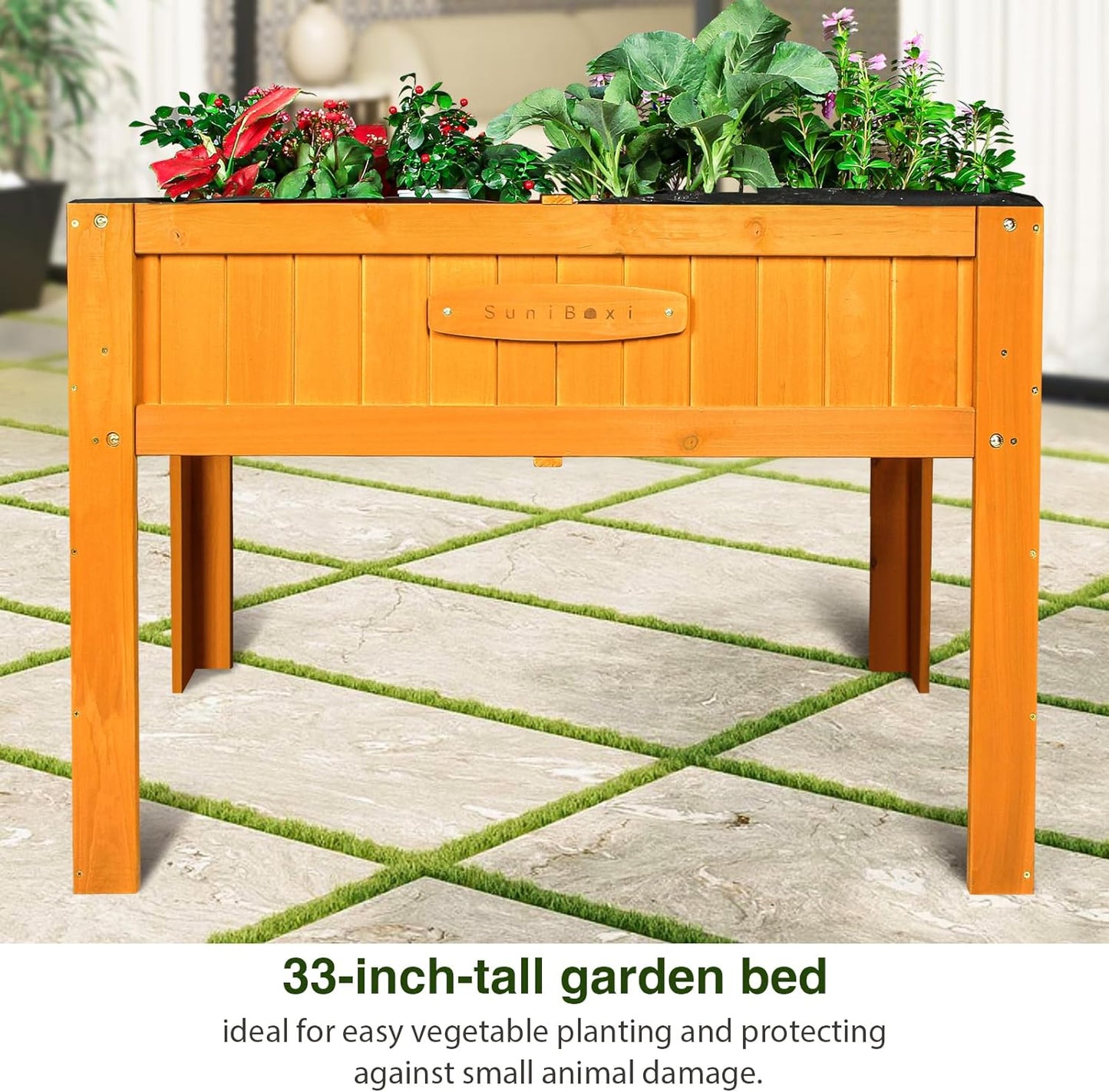 SuniBoxi Raised Garden Bed with Legs, Cedar Wooden Elevated Planter Box Outdoor for Vegetables Flowers Herbs Gardening Backyard Patio, with Planter Liner 46x22x33in