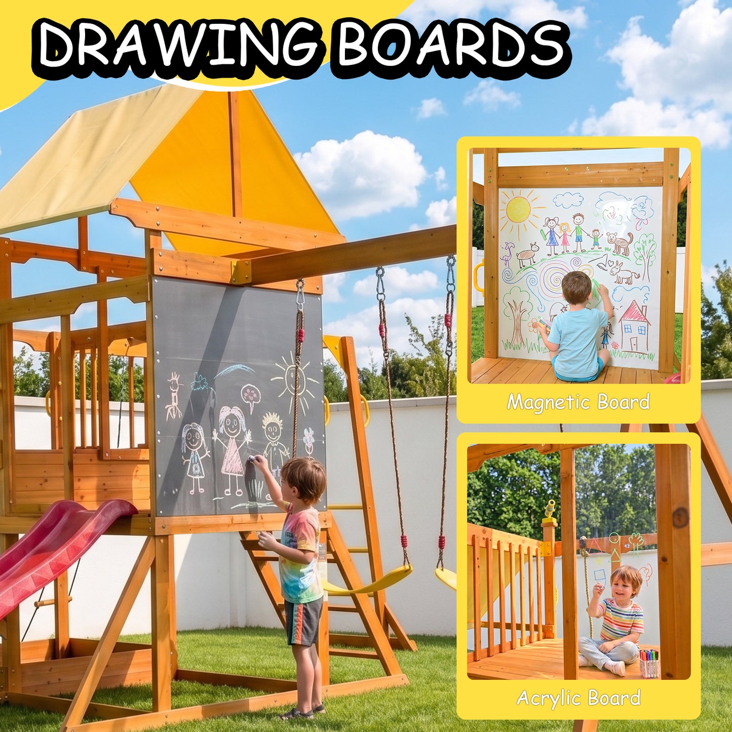 Wooden Swing Set for Backyard, Outdoor Playground Playset with Monkey Bars, Slide, Dual Swings, Rock Wall, Rope Ladder, Climbing Net, Covered Play Deck, Picnic Table for Kids Ages 3-10