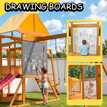Wooden Swing Set for Backyard, Outdoor Playground Playset with Monkey Bars, Slide, Dual Swings, Rock Wall, Rope Ladder, Climbing Net, Covered Play Deck, Picnic Table for Kids Ages 3-10