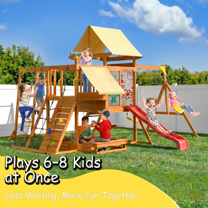 Wooden Swing Set for Backyard, Outdoor Playground Playset with Monkey Bars, Slide, Dual Swings, Rock Wall, Rope Ladder, Climbing Net, Covered Play Deck, Picnic Table for Kids Ages 3-10