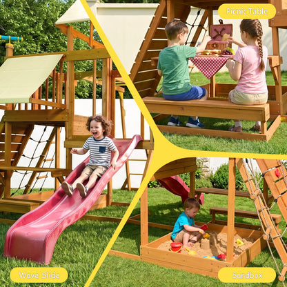 Wooden Swing Set for Backyard, Outdoor Playground Playset with Monkey Bars, Slide, Dual Swings, Rock Wall, Rope Ladder, Climbing Net, Covered Play Deck, Picnic Table for Kids Ages 3-10