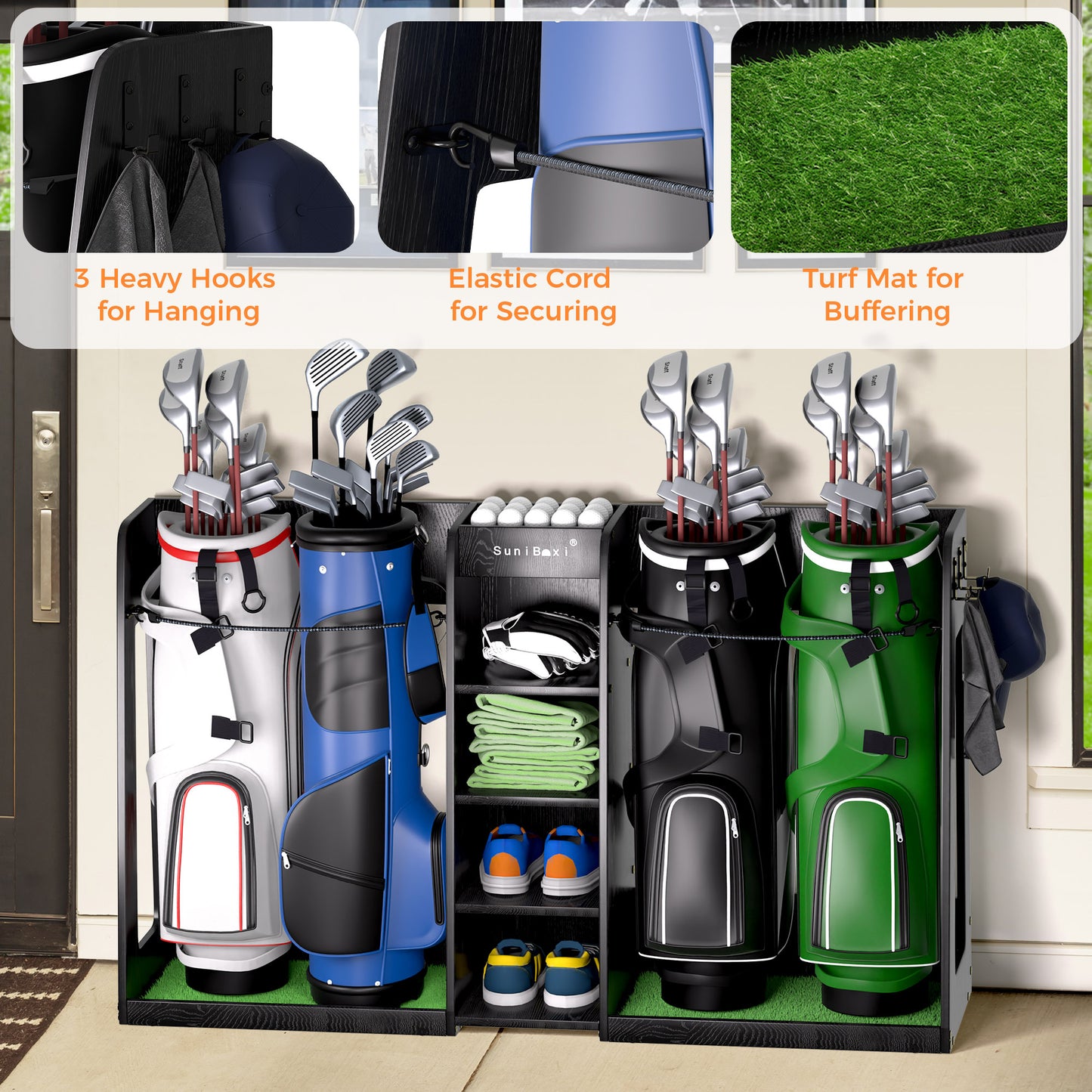 SuniBoxi Wooden Golf Bag Organizer for 4 Bags, Heavy-Duty Golf Bag Storage Rack for Garage, Indoor Spaces, Basements, and More,keeps golf bags,golf clubs, golf accessories organized