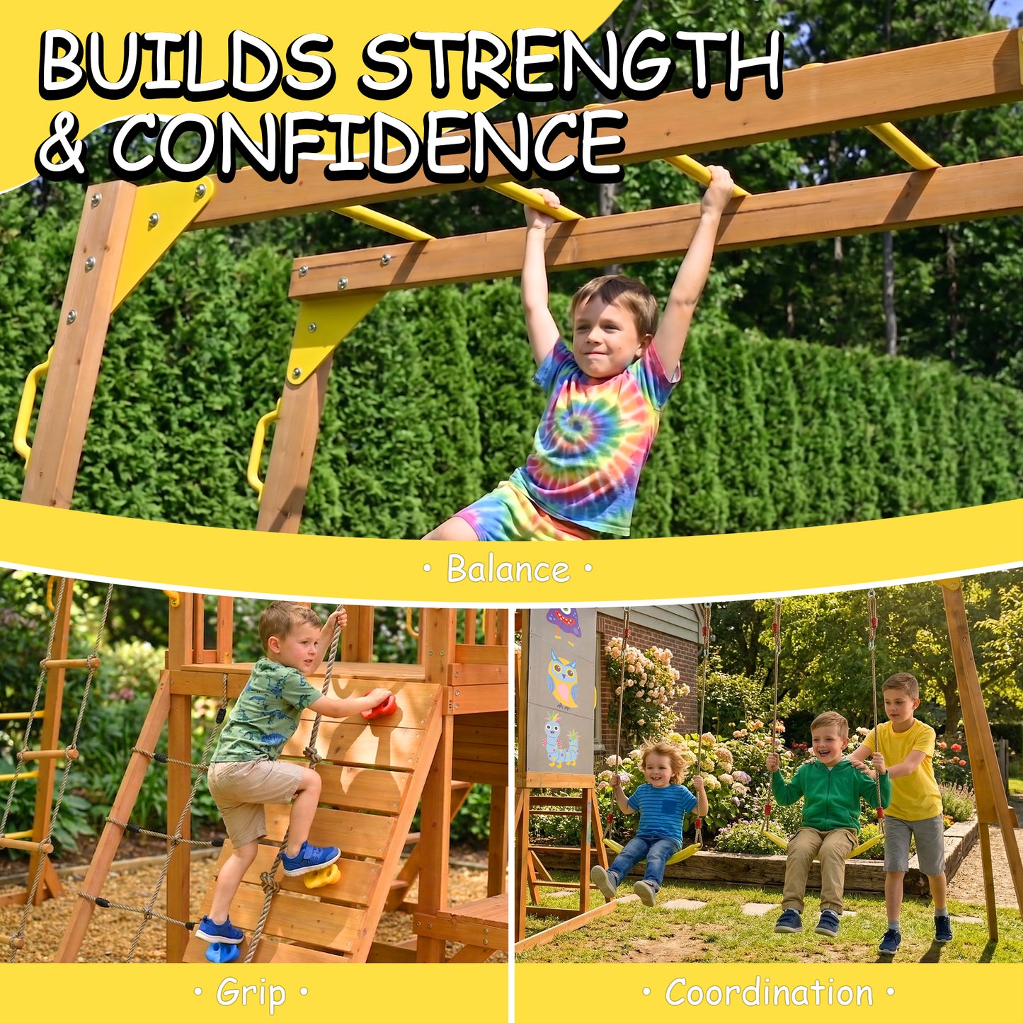 Wooden Swing Set for Backyard, Outdoor Playground Playset with Monkey Bars, Slide, Dual Swings, Rock Wall, Rope Ladder, Climbing Net, Covered Play Deck, Picnic Table for Kids Ages 3-10