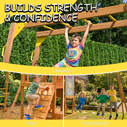 Wooden Swing Set for Backyard, Outdoor Playground Playset with Monkey Bars, Slide, Dual Swings, Rock Wall, Rope Ladder, Climbing Net, Covered Play Deck, Picnic Table for Kids Ages 3-10