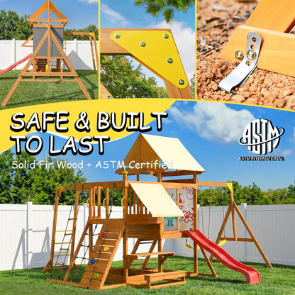 Wooden Swing Set for Backyard, Outdoor Playground Playset with Monkey Bars, Slide, Dual Swings, Rock Wall, Rope Ladder, Climbing Net, Covered Play Deck, Picnic Table for Kids Ages 3-10