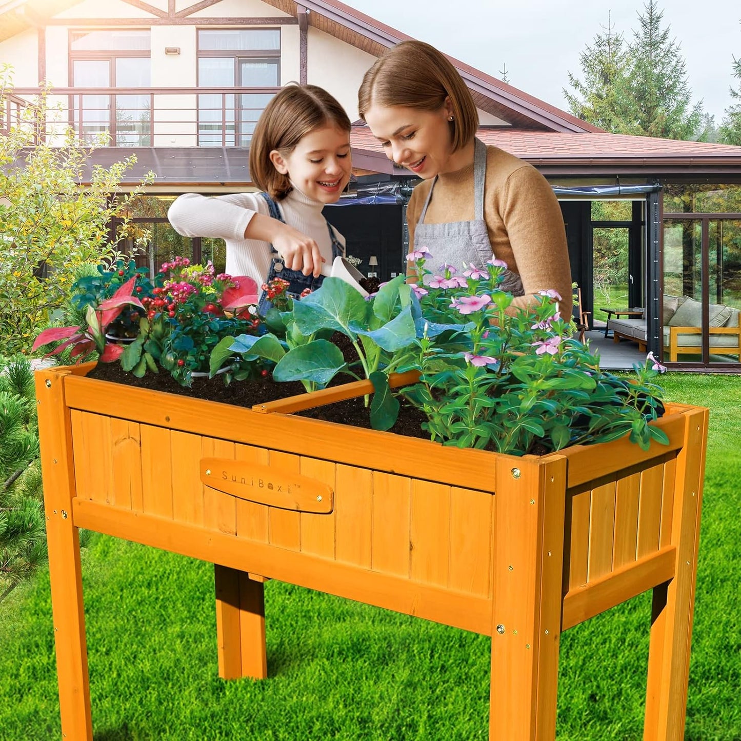 SuniBoxi Raised Garden Bed with Legs, Cedar Wooden Elevated Planter Box Outdoor for Vegetables Flowers Herbs Gardening Backyard Patio, with Planter Liner 46x22x33in