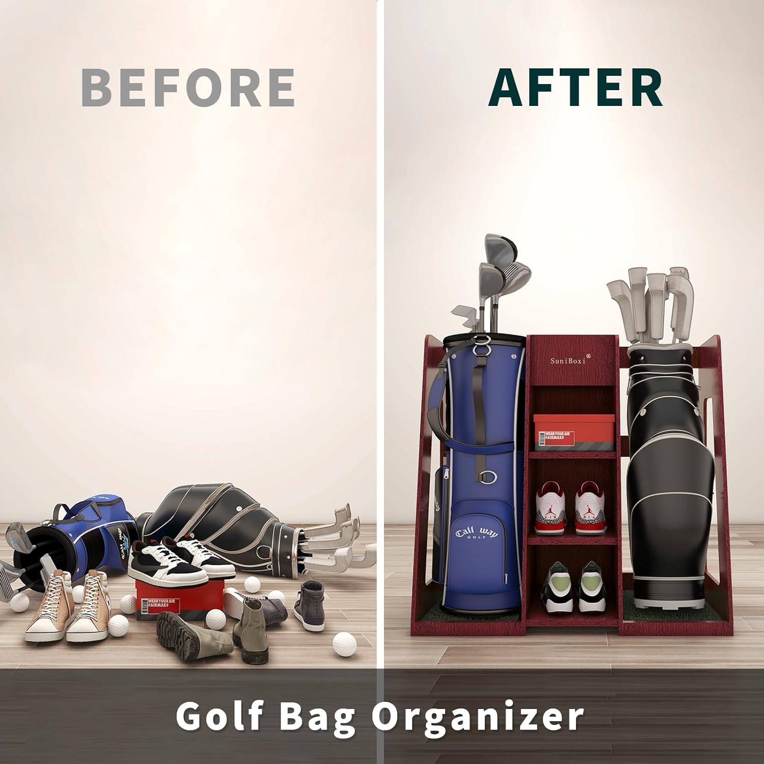 Suniboxi premium wooden golf bag organizer neatly storing golf bags clubs shoes and balls side by side