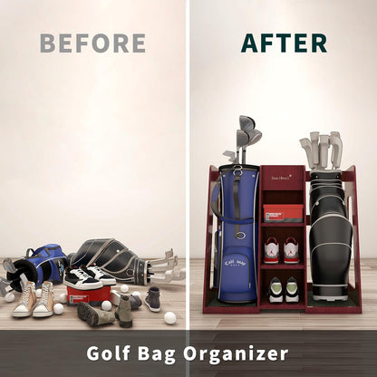 Suniboxi premium wooden golf bag organizer neatly storing golf bags clubs shoes and balls side by side