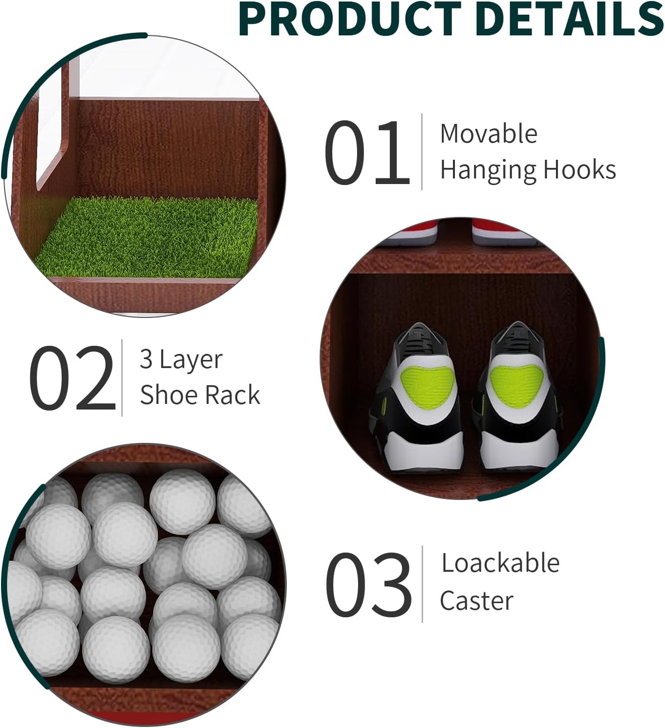 Premium wooden golf bag organizer by Suniboxi with movable hanging hooks three layer shoe rack and lockable caster
