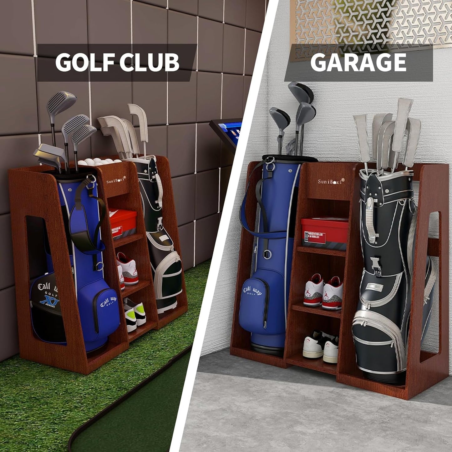 Suniboxi premium wooden golf bag organizer holding golf clubs shoes and accessories in golf club and garage settings