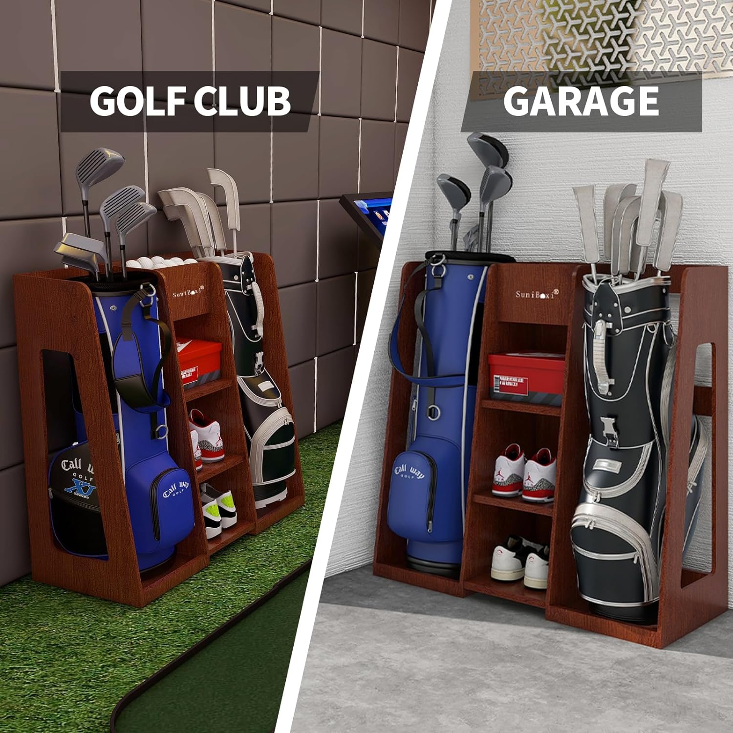 Suniboxi premium wooden golf bag organizer holding golf clubs shoes and accessories in golf club and garage settings