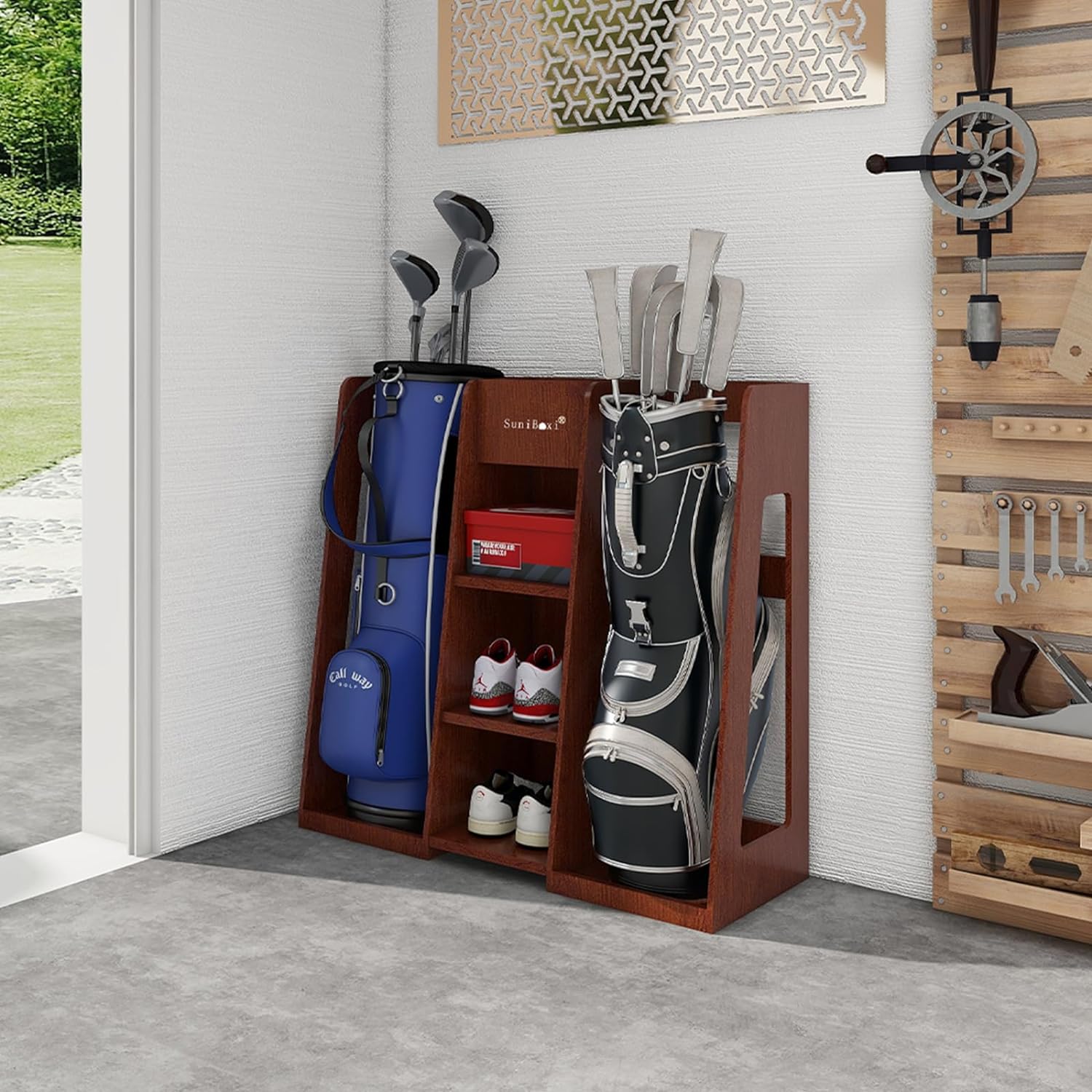 Suniboxi premium wooden golf bag organizer holding two golf bags with clubs and shelves for shoes