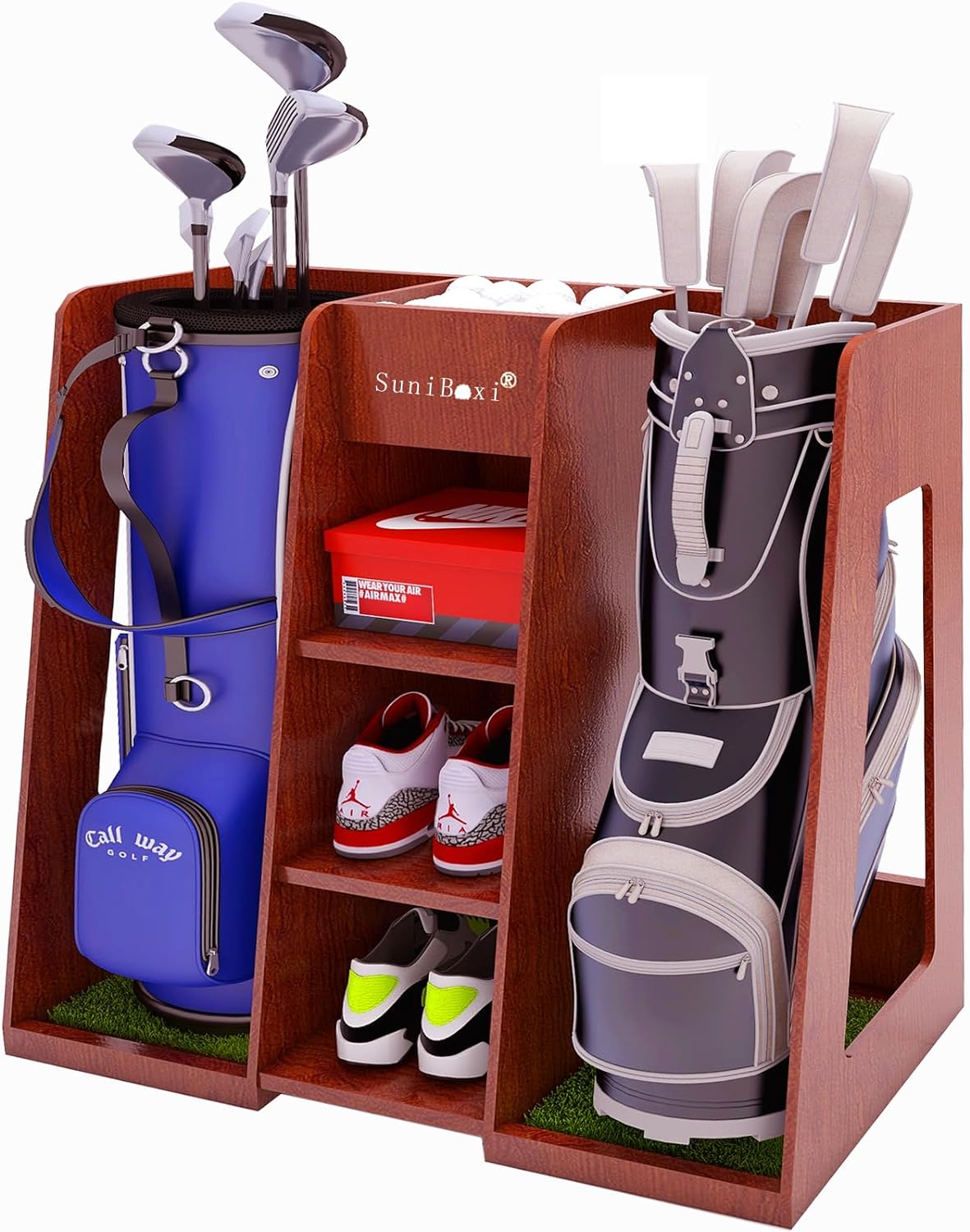 Suniboxi premium wooden golf bag organizer holding golf bags shoes and golf balls in a stylish wooden rack