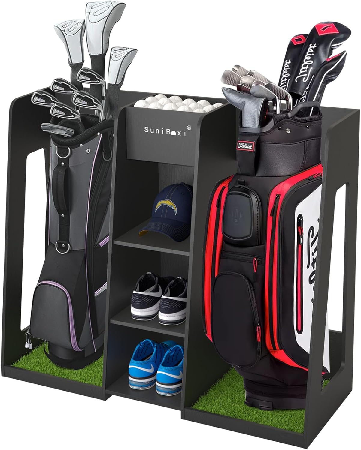 Suniboxi heavy-duty golf storage rack with compartments for golf bags shoes and golf balls