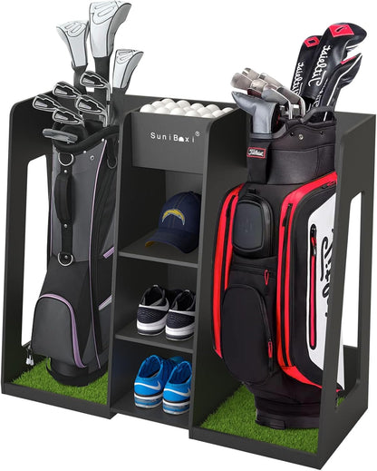 Suniboxi heavy-duty golf storage rack with compartments for golf bags shoes and golf balls