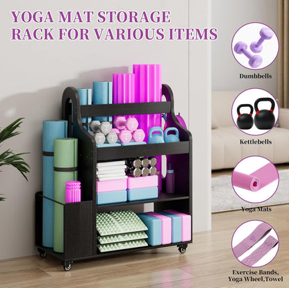 Yoga mat and foam roller storage rack on wheels holding yoga mats, dumbbells, kettlebells, exercise bands, and yoga blocks
