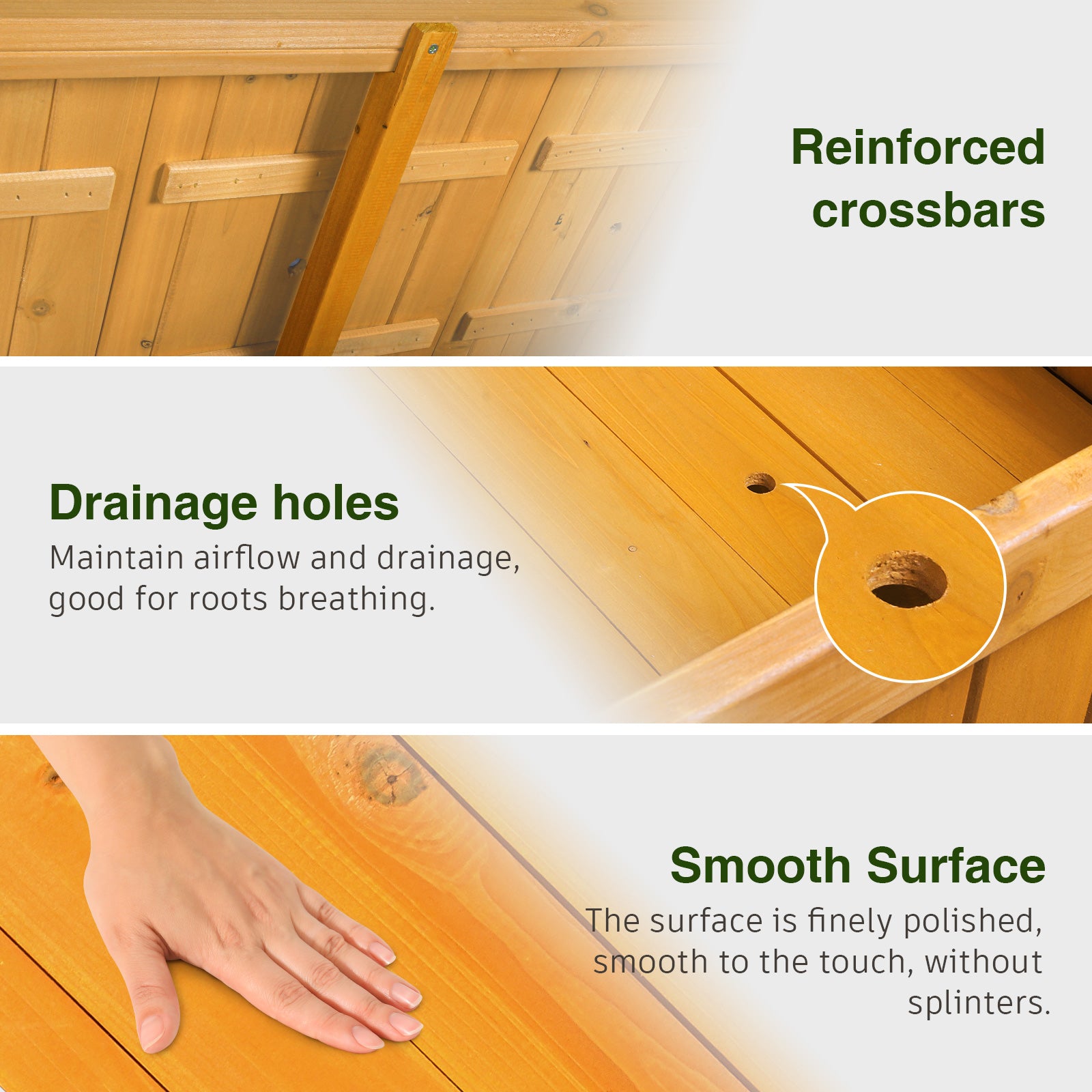 Wooden planter box outdoor by Suniboxi showing reinforced crossbars drainage holes and smooth polished surface