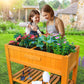 Suniboxi wooden planter box outdoor with vibrant flowers being watered by mother and daughter in garden